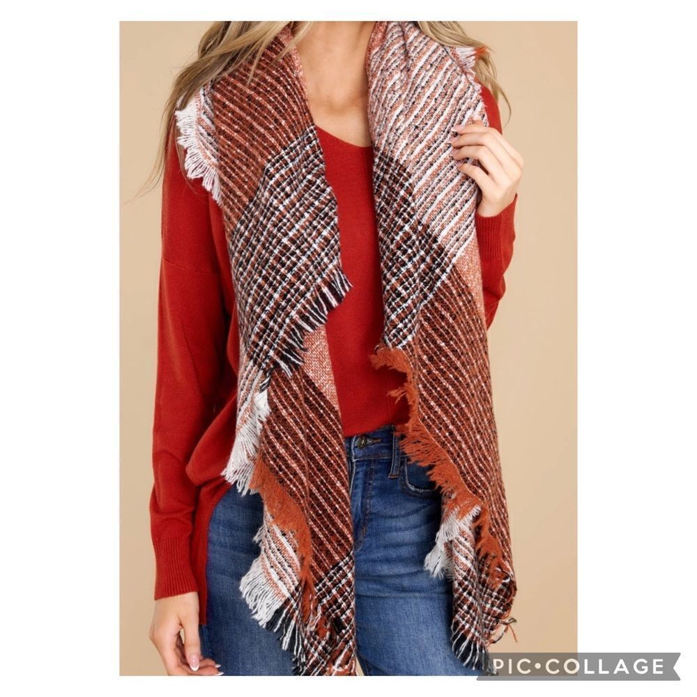 Plaid Knit Blanket Scarf Fringe Brown Black